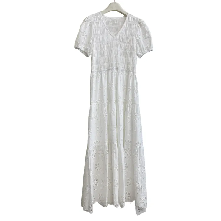 YZS014夏季纯色镂空拼接褶皱连衣裙时尚洋气显瘦小众气质连衣裙