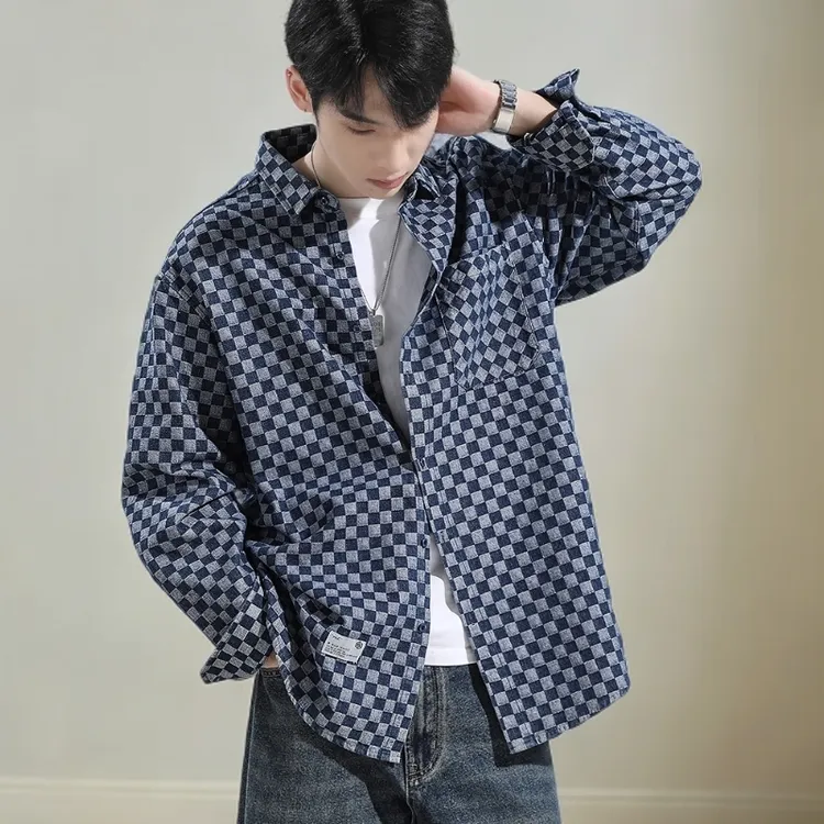 DIIIVERGOM宽松型长款秋季格子水洗长袖衬衫黑白春秋百搭外套