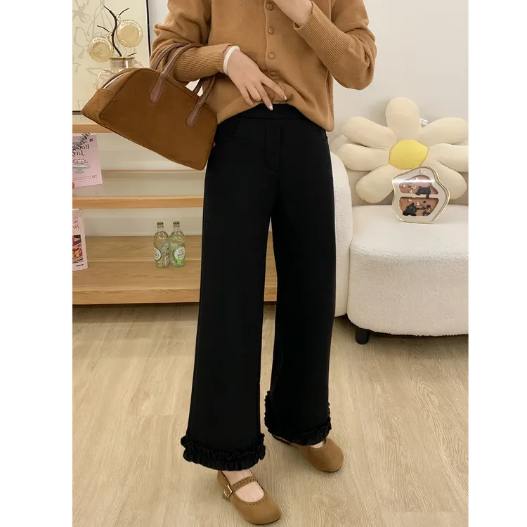 加绒直筒休闲裤女花边冬季新款胖妹妹mm弹力高腰显瘦梨形身材裤子