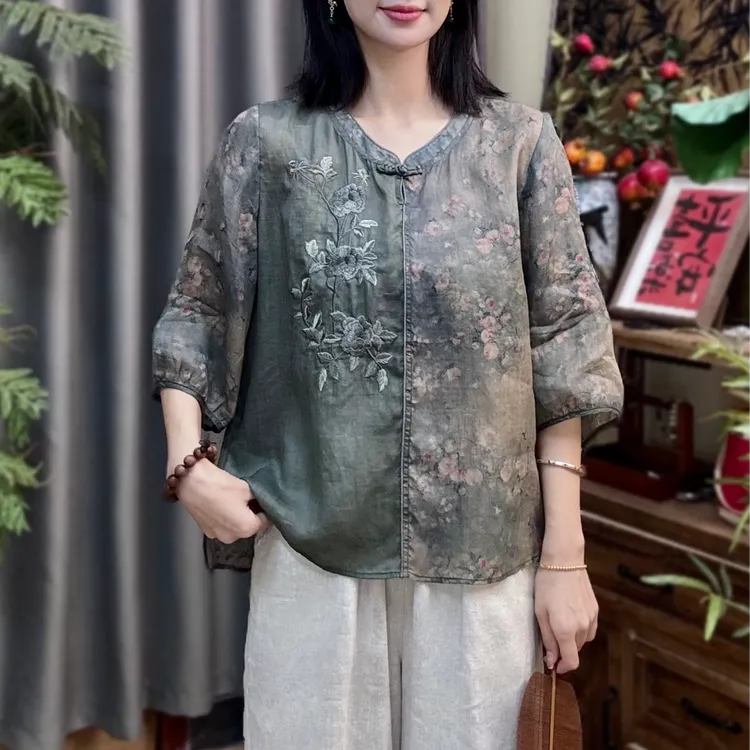 麻韵原创【喜上眉梢】衬衫夏季女士七分袖小衫复古盘扣防晒上衣