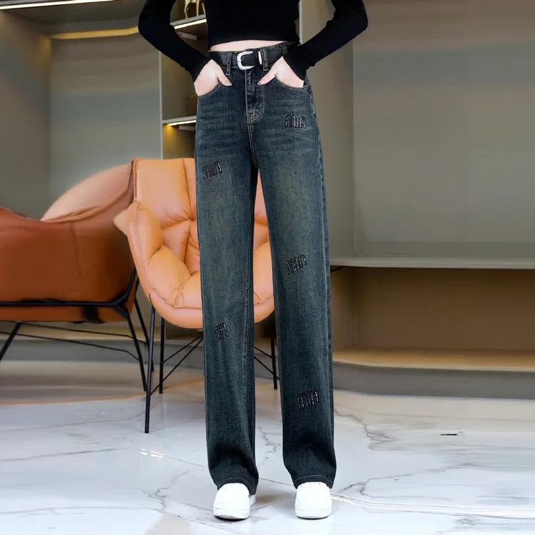 秋季新款烫钻牛仔裤女2025时尚高腰宽松显瘦百搭垂感窄版阔腿裤子