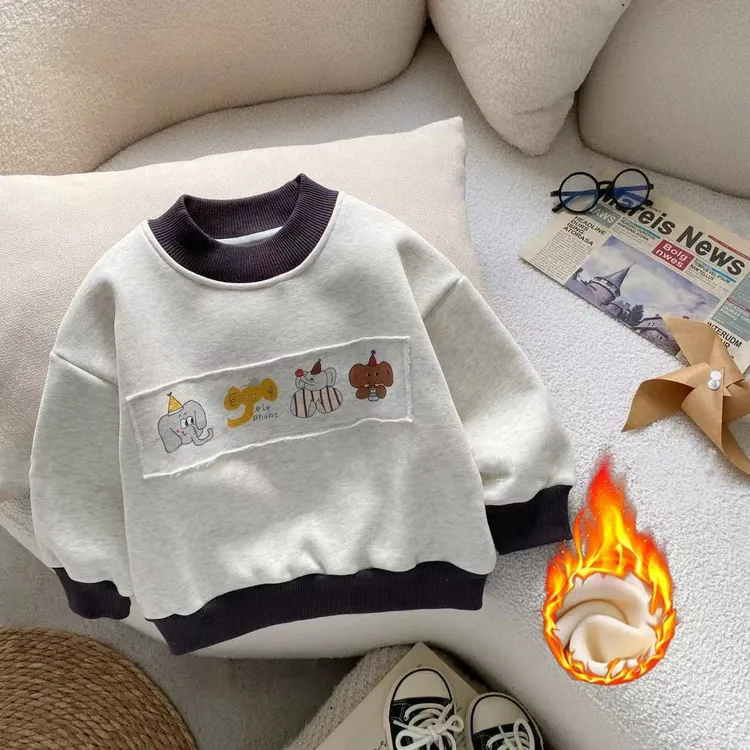 儿童加绒卫衣男童冬季新款宝宝中小童秋冬一体绒男孩保暖贴布上衣