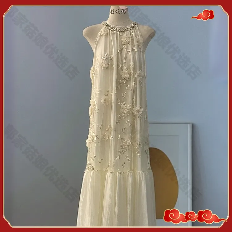 白色挂脖法式重工立体花朵刺绣网纱拼接鱼尾长裙网红洋气炸街女装