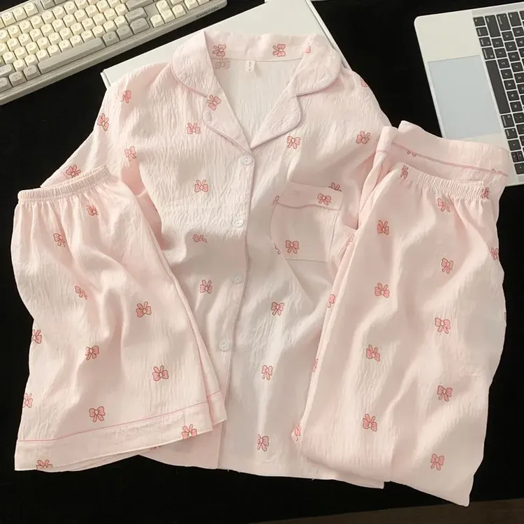 三件套日系云朵棉短袖短裤睡衣女夏季新款网红风可爱卡通薄款外穿