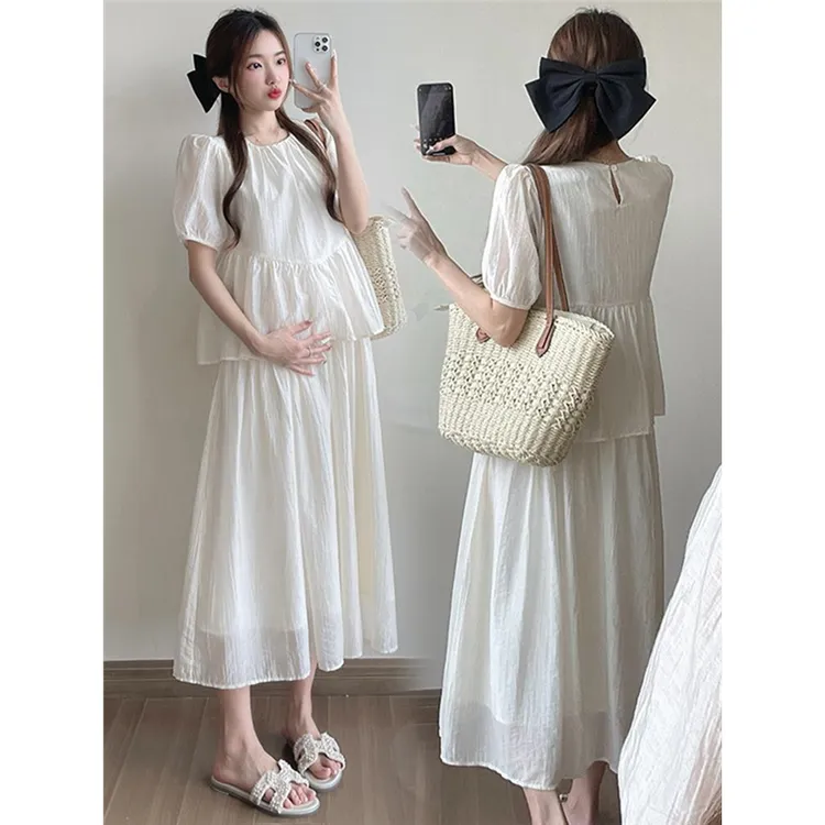 孕妇装夏季新款时尚假两件拼接连衣裙小个子设计感气质显瘦孕妇裙