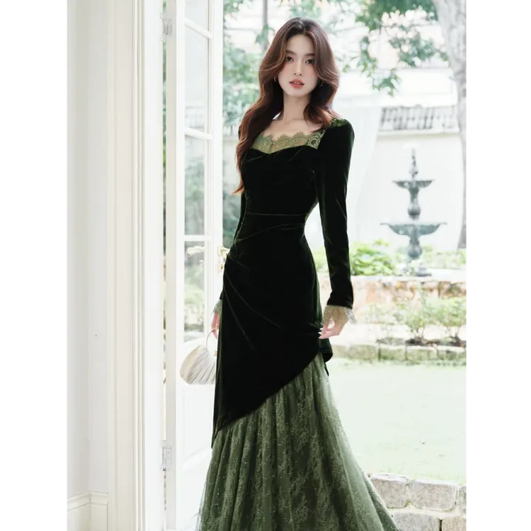 新中式女装冬丝绒绝美巨显身材连衣裙优雅曲线鱼尾裙女设计感裙子