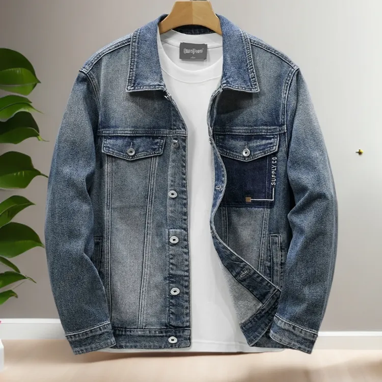 范希巴迪刺绣牛仔夹克男弹力水洗翻领春秋款长袖男士工装休闲夹克