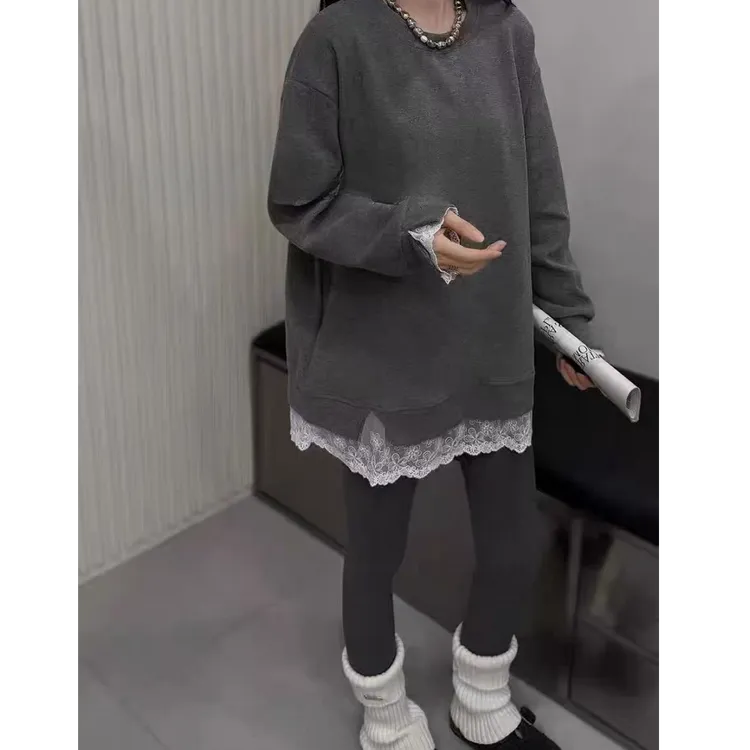 2025新款长袖纯色蕾丝拼接不起球圆领T恤时尚秋冬假两件套装
