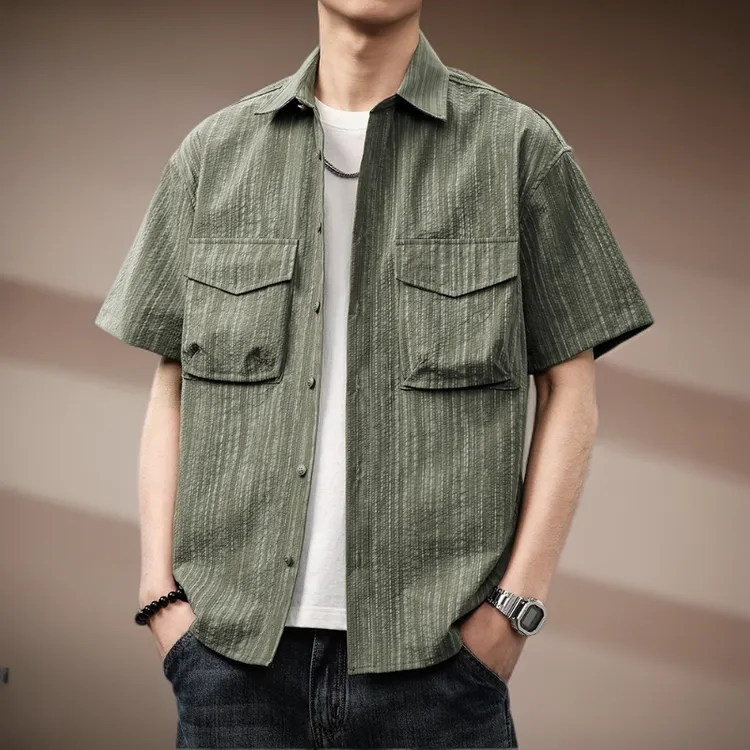 高端美式条纹冰丝凉感短袖衬衫男士夏季薄款宽松复古工装沙滩衬衣