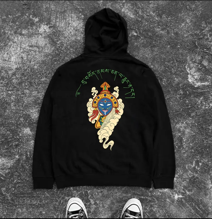 国潮藏文印花连帽衫秋冬男女同款重磅宽松套头银狐绒连帽卫衣加绒