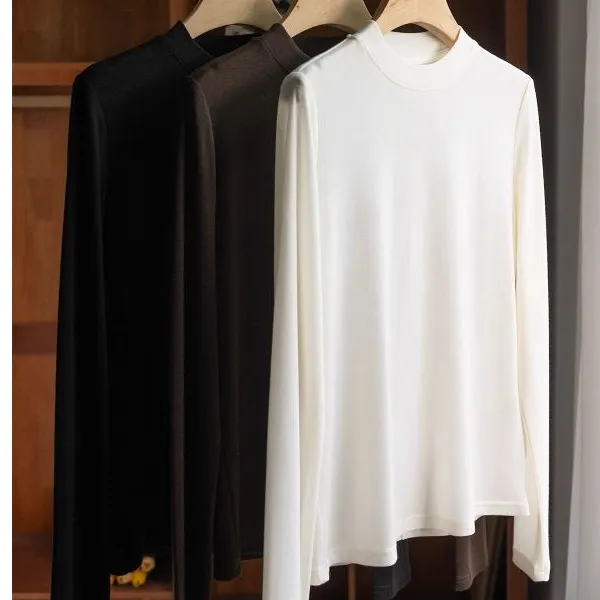 美式修身半高领羊毛显瘦正肩小衫长袖t恤~女秋冬新款内搭外穿打底