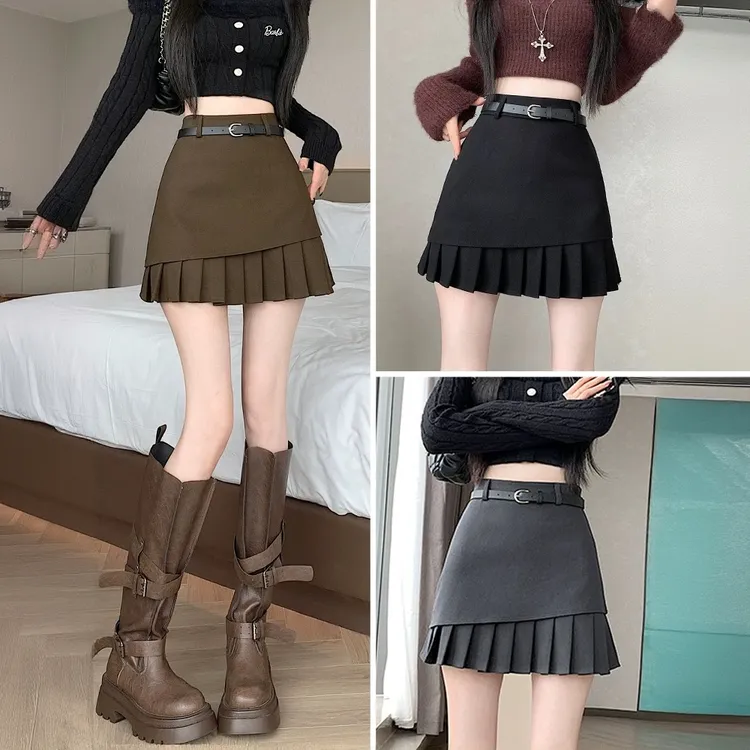 高腰毛呢短裙秋冬时尚不规则A字百褶假两件半身裙显瘦防走光短裙