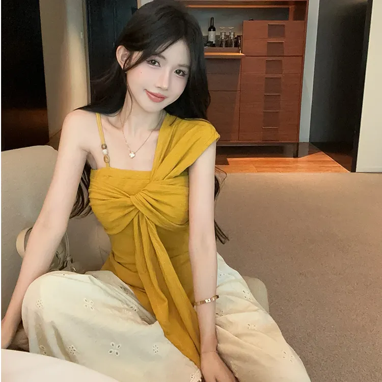 夏季新款纯欲辣妹风扭结绑带露肩设计感小众修身型显瘦短袖女t恤 