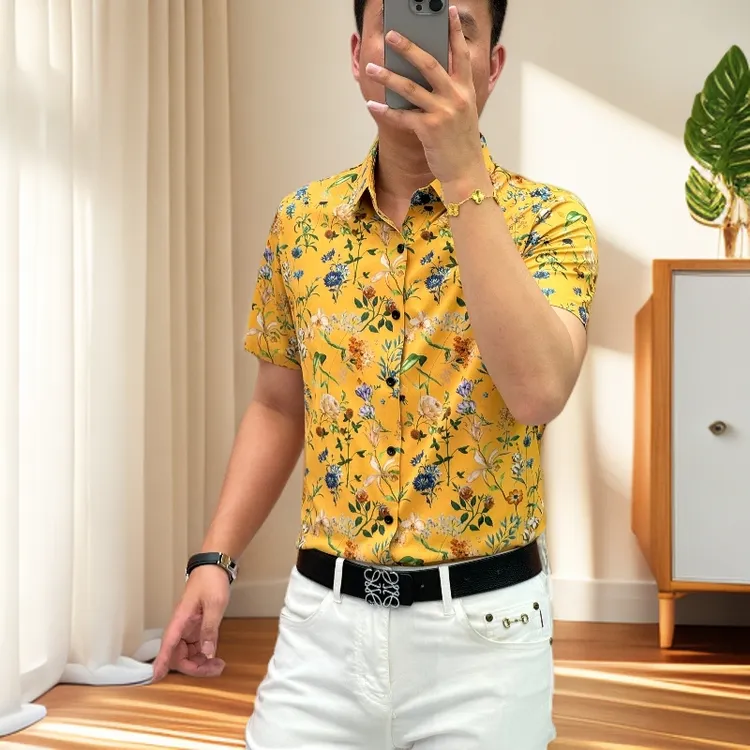 25夏季（轩诚）碎花印花时尚个性百搭潮流男款弹力三色短袖衬衫