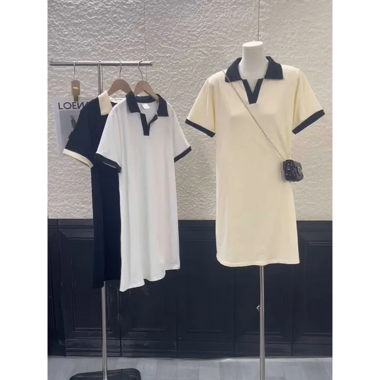 撞色拼接连衣裙子女2025年新款纯色翻领中长款t恤裙孕妇装POLO领