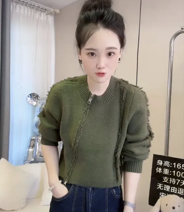 【小丽吖】设计感小众轻奢款拉链开衫流苏百搭短款显瘦镂空沙春秋冬