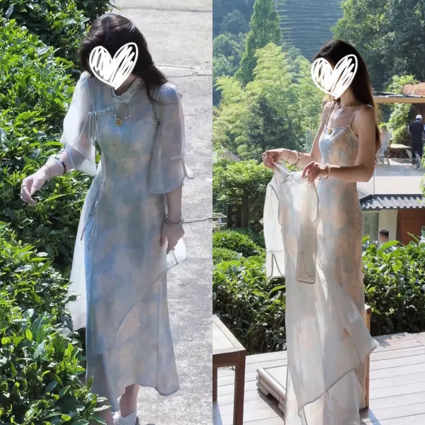 新中式气质国风清冷感套装裙2025夏季新款仙气吊带裙旗袍罩衫女装
