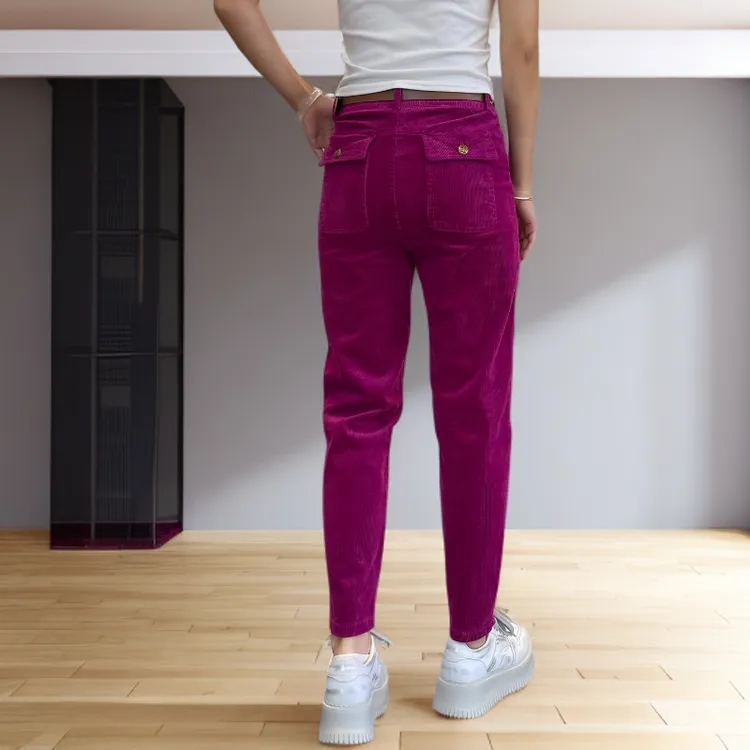 韩版时尚玫红色休闲裤女条绒秋冬款高腰修身显瘦时尚九分小脚裤潮