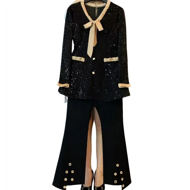 大维罗依 欧货气质领结小香上衣➕开叉扣裤时尚套装