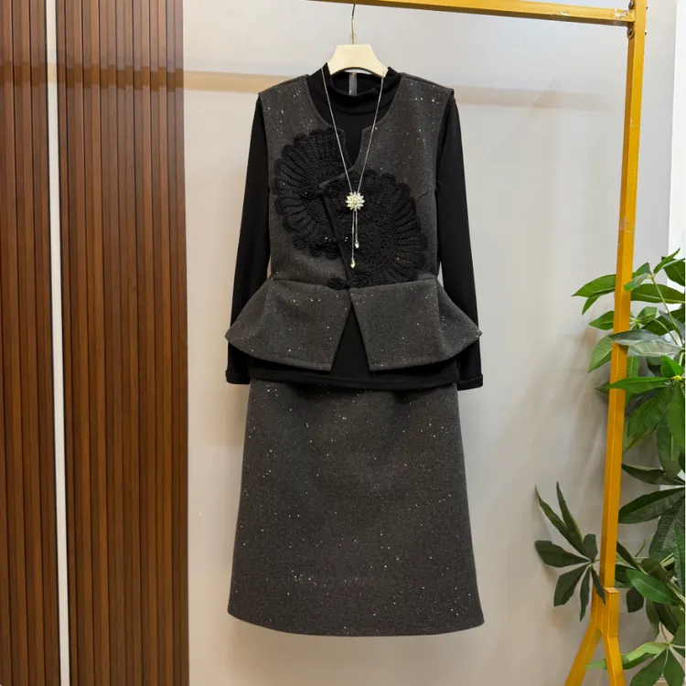 新款大码女装时尚气质复古马甲半身裙三件套套装