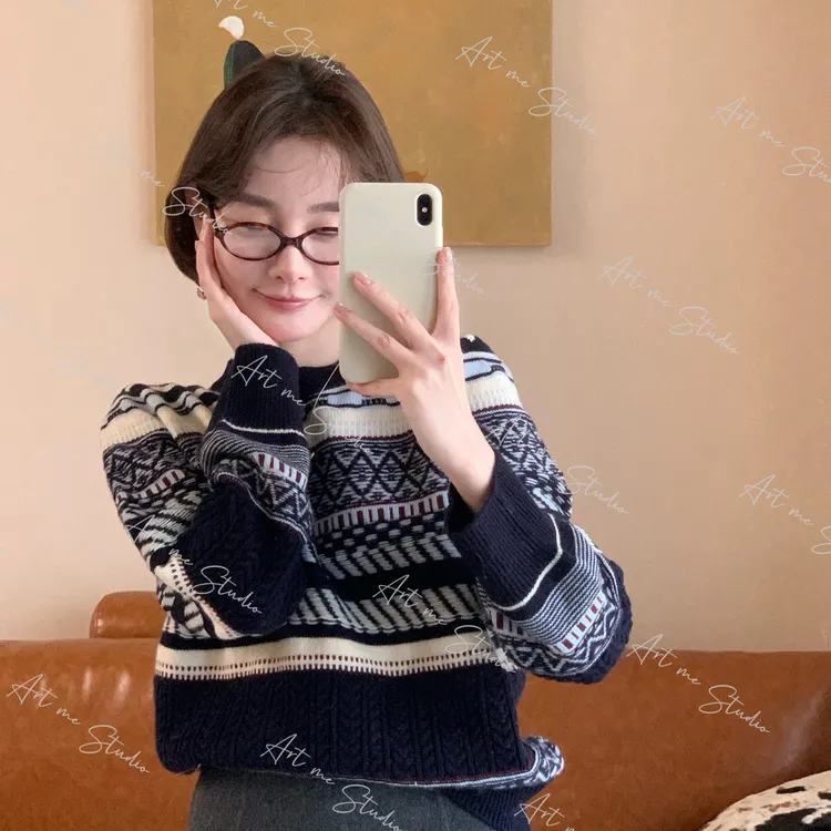 【ART ME】复古彩宝绵羊毛混纺撞色几何提花小众外套上衣马甲w24681