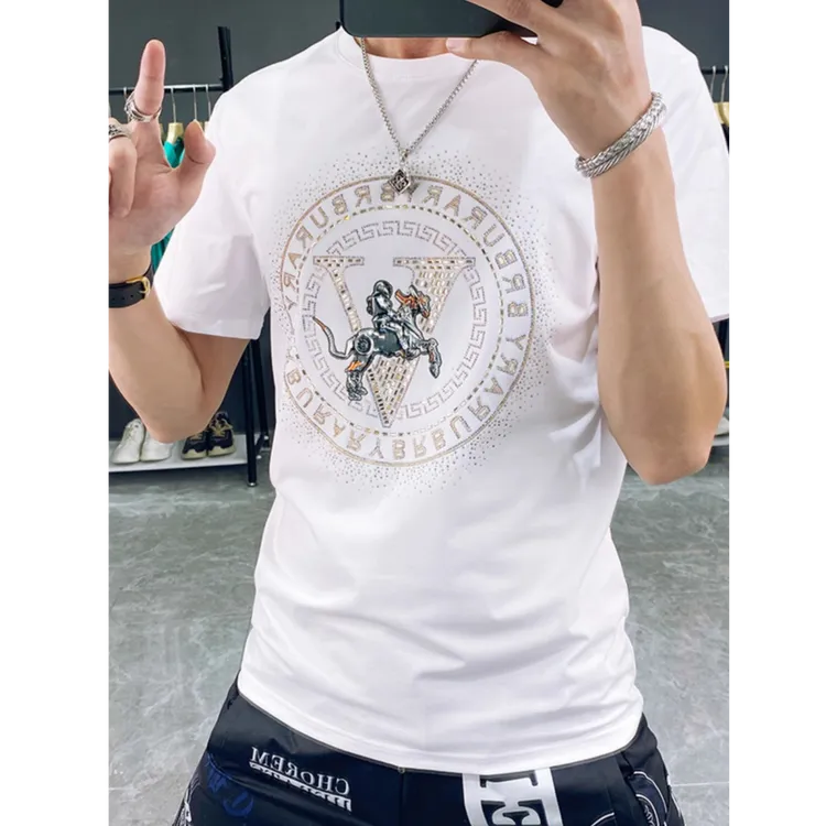 奇珀菲仑潮牌烫钻短袖T恤男2025夏季丝光棉半袖男士衣服男装T恤