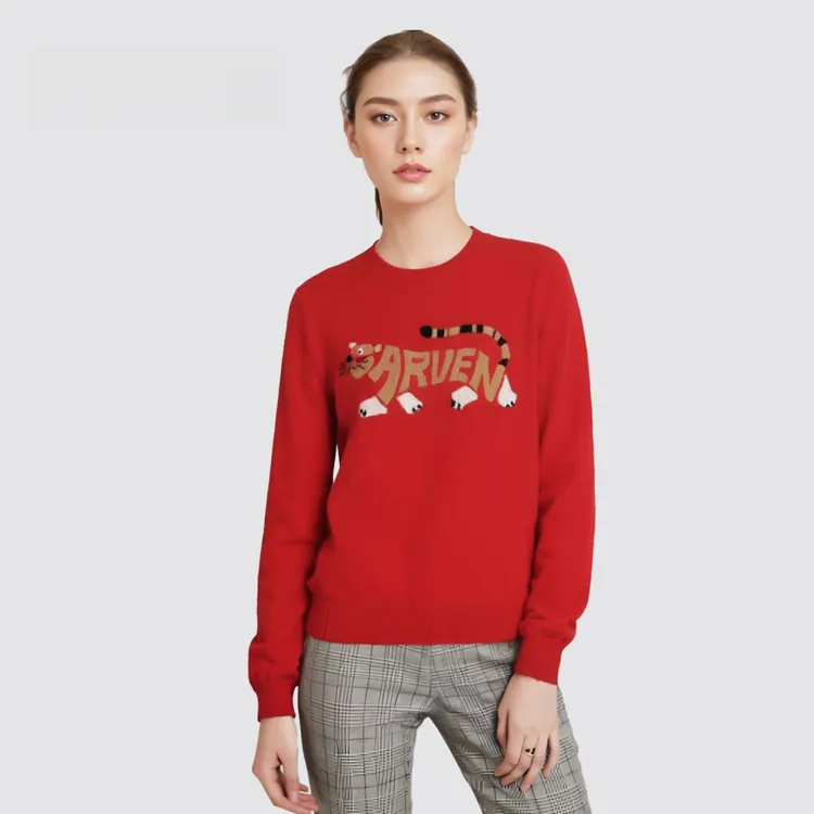 中国红！羊绒羊毛针织衫女圆领毛衣细密套头长袖宽松打底外穿秋冬