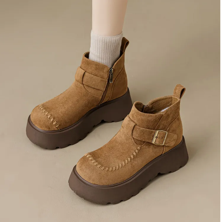 时尚百搭松果编织●5.5cm厚底马丁靴秋冬女绒面短筒手工勃肯袋鼠鞋