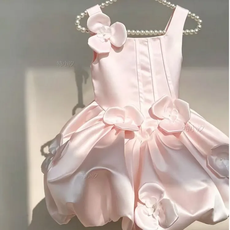 Txxkids特小汐儿童粉色丝光连衣裙立体花朵小礼服生日party公主裙
