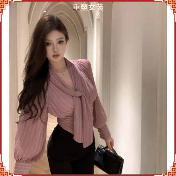 ll粉紫色系带长袖领衬衫女春秋季法式气质温柔风上衣修身短款衬l