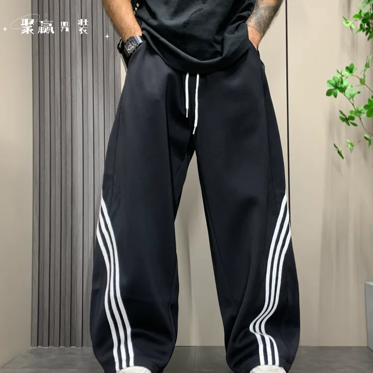 美式复古三条杠阔腿弯刀卫裤男女宽松休闲运动美式条纹男女同款