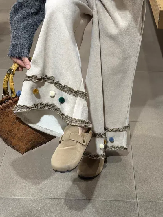 大码300斤糯米阔腿裤女冬季加绒保暖木耳花边休闲裤毛球直筒裤子