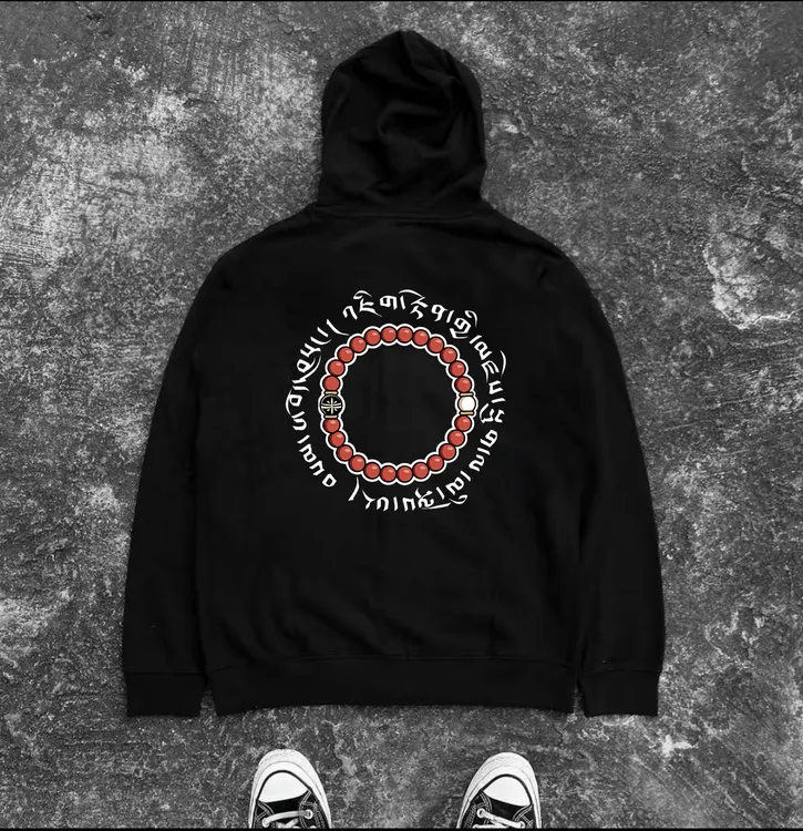 国潮藏文印花连帽衫秋冬男女同款重磅宽松套头银狐绒连帽卫衣加绒