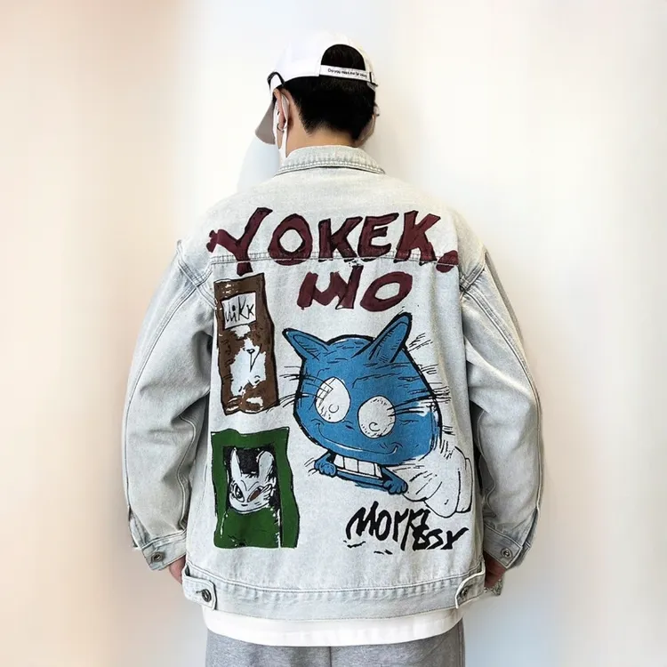 美式复古水洗印花涂鸦牛仔夹克宽松潮流卡通翻领情侣春秋牛仔外套