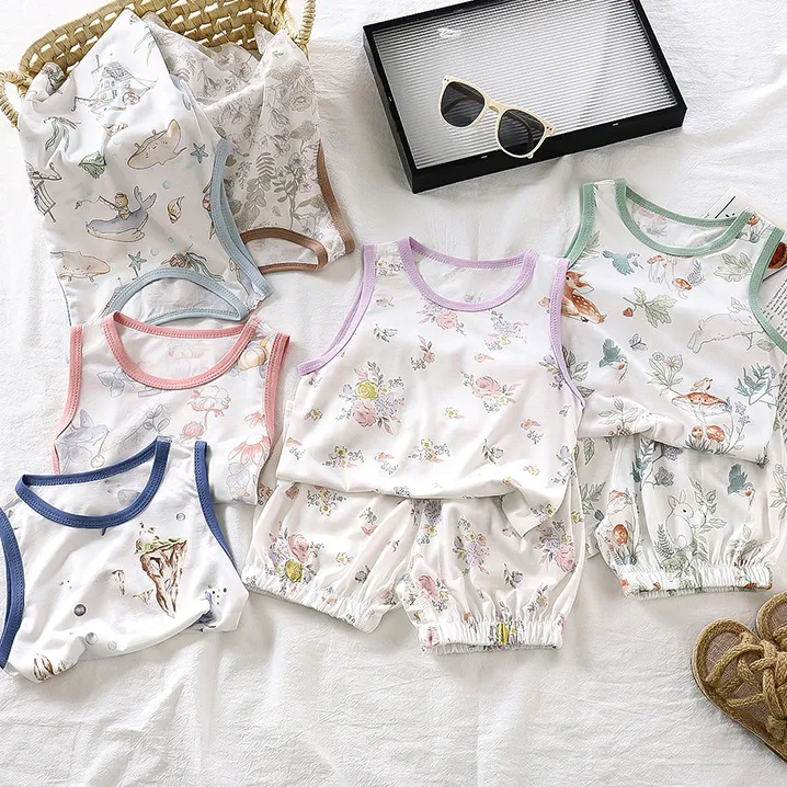 夏季儿童透气家居服碎花套装2025新款卡通薄款凉爽印花背心两件套