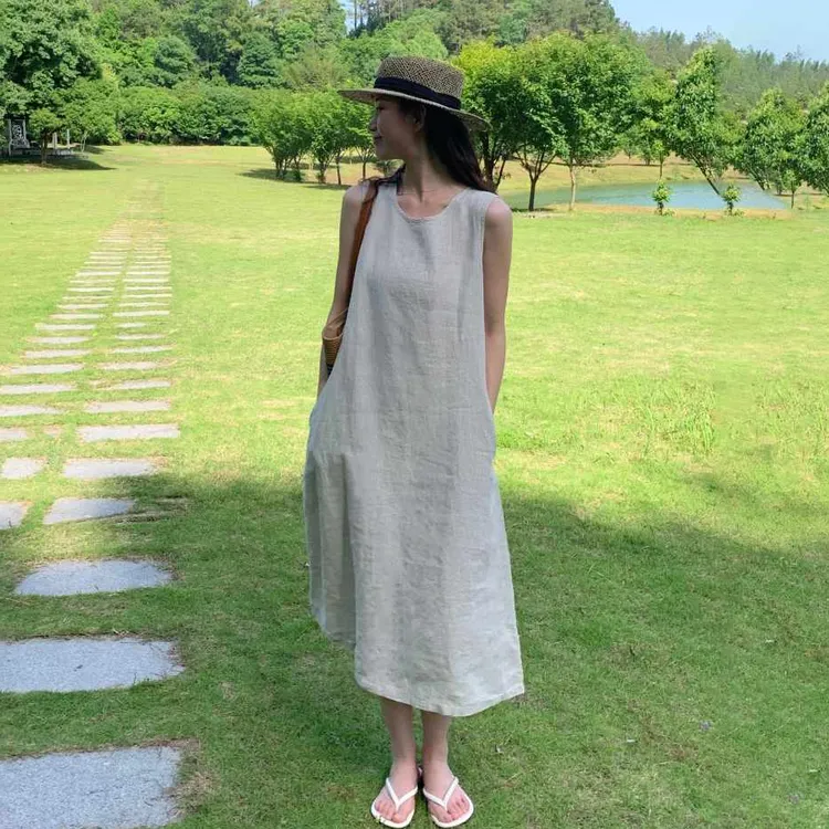 会呼吸的面料，纯亚麻法国雨露宽松无袖圆领女士可外穿家居裙睡裙