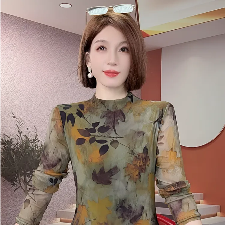 半高领网纱打底衫女装2025秋冬新款洋气百搭显瘦印花长袖T恤上衣