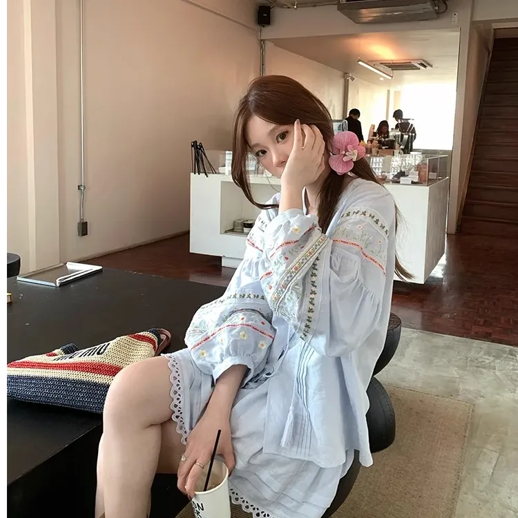 超重工！新款斯米兰花境~亚棉花朵刺绣娃娃衬衫+a字半裙套装女