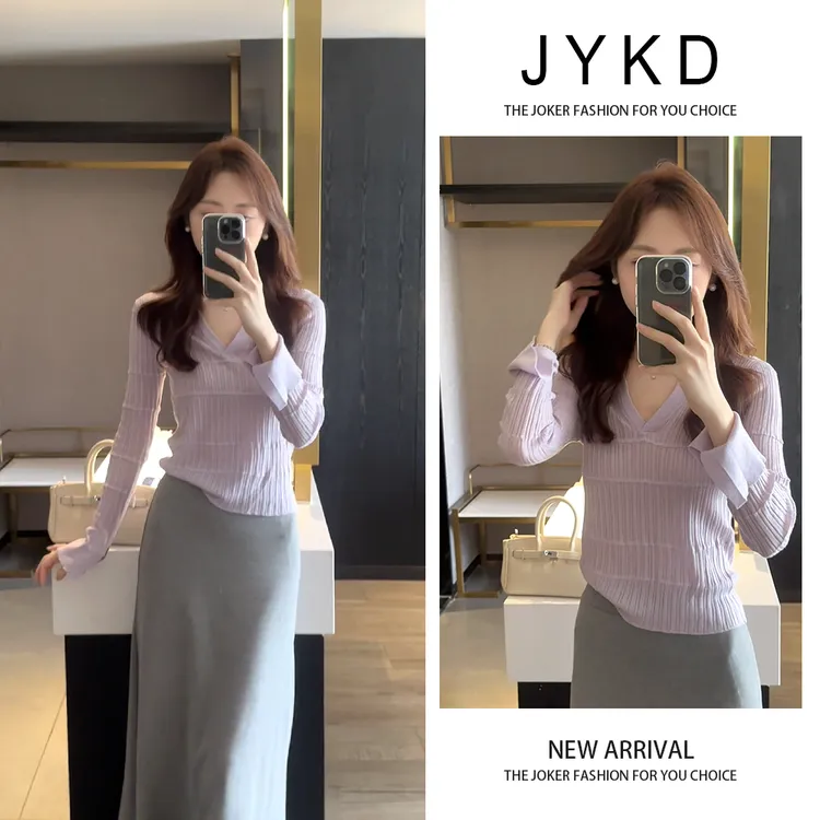 韩版穿搭紫色V领长袖针织衫女秋冬新款宽松显瘦百搭半身裙两件套