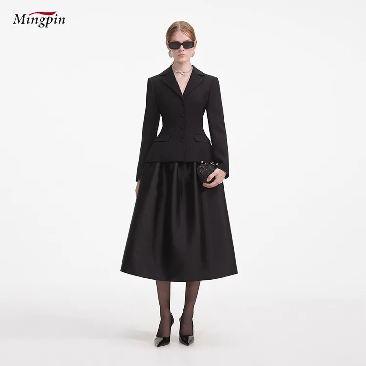 法式套装裙女25秋季新款气质复古黑色翻领修腰外套西装时尚百褶裙