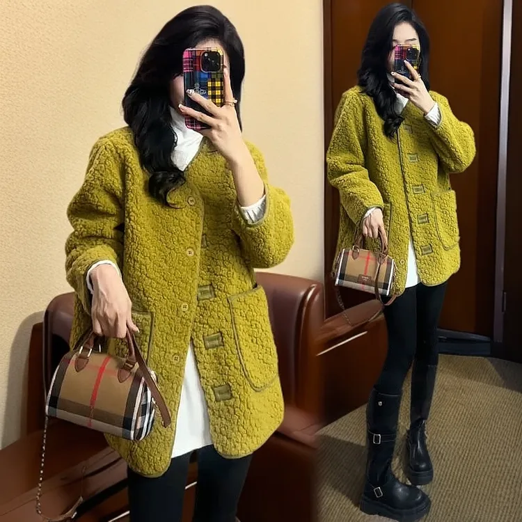 韩版百搭纯色大码外套女2024秋冬新款显瘦气质时尚宽松加厚上衣