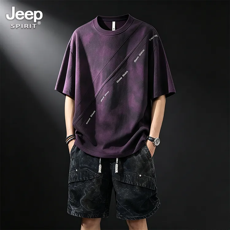 JEEPSPIRIT吉普男士大码扎染套装夏季新款日系简约休闲百搭两件套