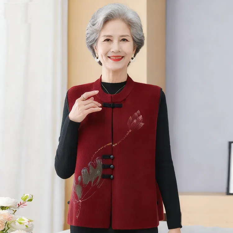 秋季新款中式马甲国风中老年坎肩立领盘扣复古女装无袖针织马夹.