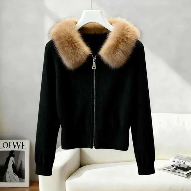 法式气质毛领拉链长袖毛衣开衫女2025秋冬新款高级感显瘦针织外套