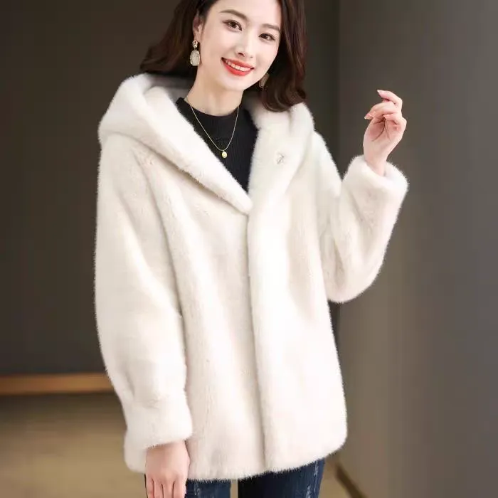 中长款短款连帽外套女米兰貂皮毛一体冬季保暖加厚时尚网红