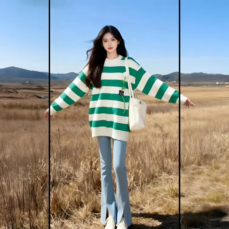 慵懒风拼色条纹立体花绿色套头毛衣早秋撞色条纹宽松百搭长袖上衣