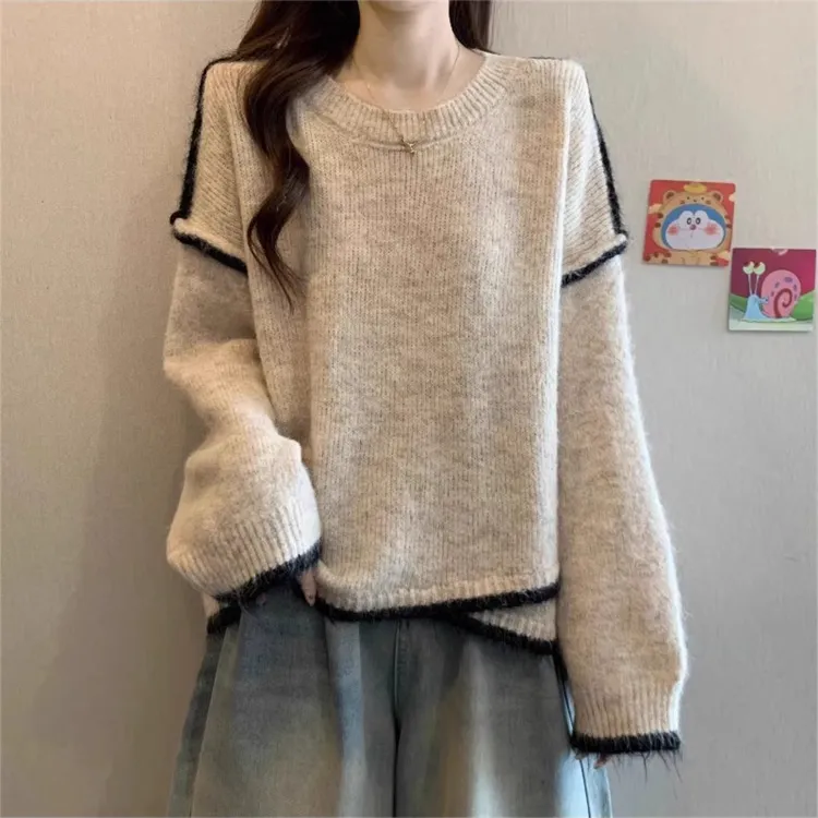 宽松慵懒风黑色毛衣女秋冬2025新款大码胖MM高级不规则针织衫上衣