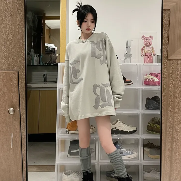 大码300斤美式复古字母贴布刺绣圆领卫衣男女2025款加绒情侣上衣