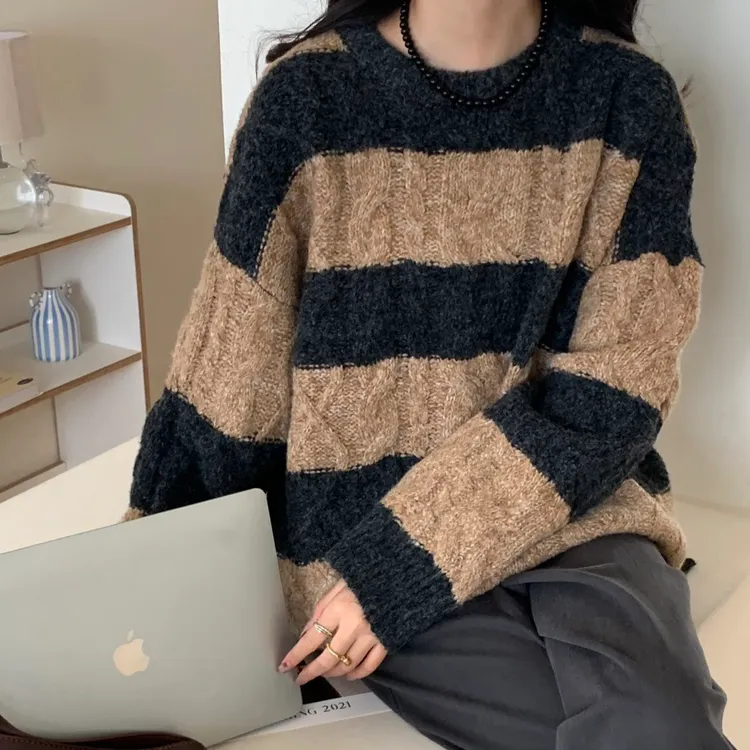 加厚麻花粗针织衫条纹套头圆领长袖毛衣保暖宽松慵懒美拉德休闲