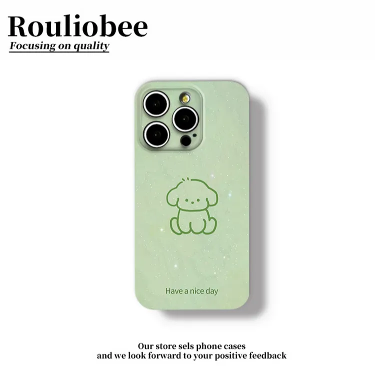 简约绿色线条狗狗适用苹果16pro手机壳iPhone15p华为vivo小米oppo